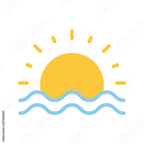 Minimalist icon sunrise single flat vector graphic featuring yellow sun rising over blue ocean waves on white
