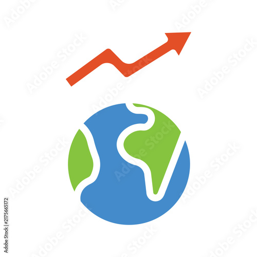 Icon Greenhouse Effecte single flat illustration featuring planet earth globe with rising temperature trend arrow