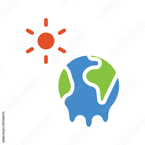 Icon Climate Change single flat design graphic representing global warming and melting planet earth under hot sun