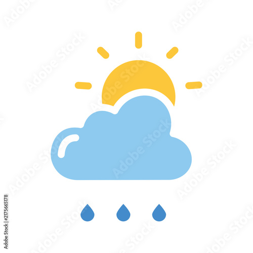 Weather icon sun with rain single flat vector illustration showing blue cloud and yellow sunshine rays
