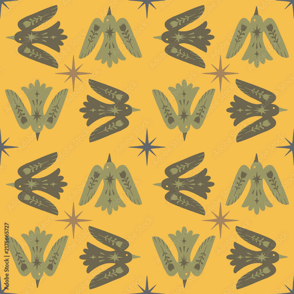 Seamless pattern with retro folk art birds, floral motifs, and geometric stars on mustard yellow background
