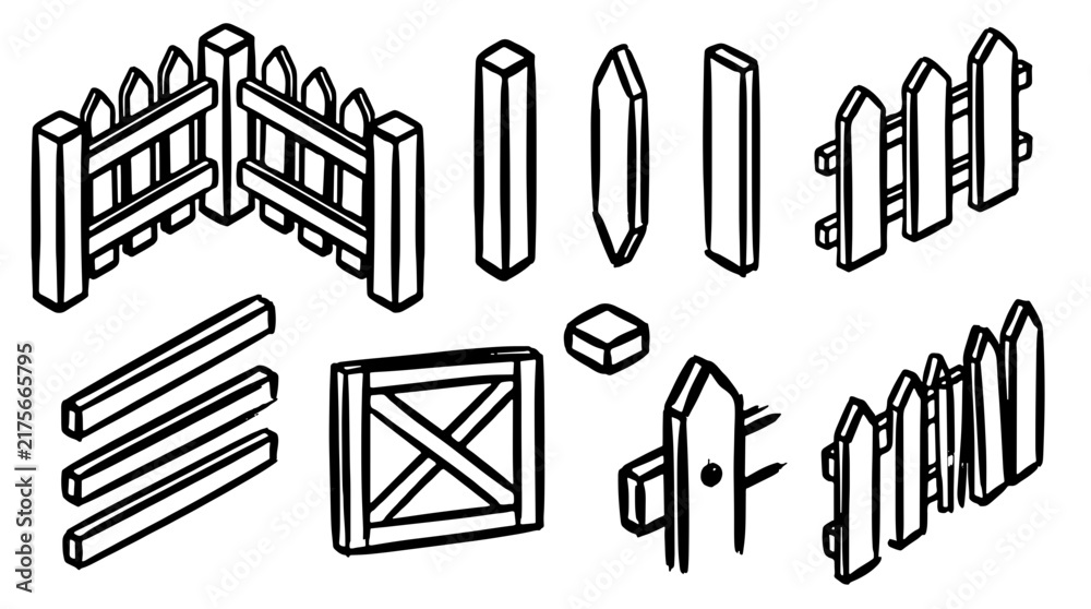 Fototapeta premium Isometric wooden fence elements line art illustration