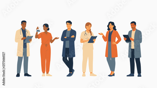 Diverse group of medical professionals depicted in a clean flat style digital vector graphic illustration design