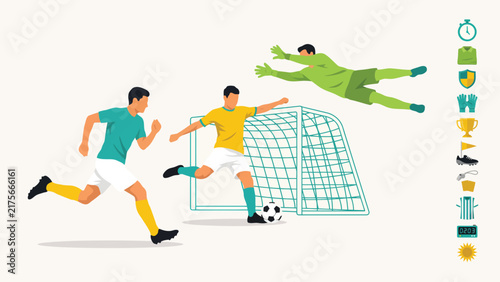 Dynamic soccer player vector illustration featuring athletes kicking a ball toward the goal with sport icons