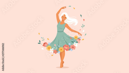 Elegant woman dancing gracefully in a flowery dress as a vibrant flat vector design illustration style
