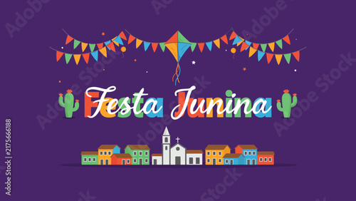Colorful Festa Junina vector illustration featuring festive party flags, vibrant kite and small village town houses