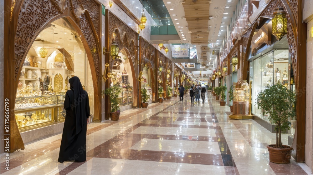 Fototapeta premium Elegant arabian shopping mall with intricate design and warm lighting ambiance