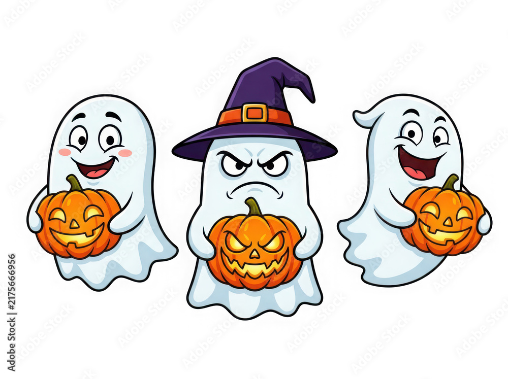 Fototapeta premium Three cartoon ghosts holding pumpkins for halloween isolated on transparent background