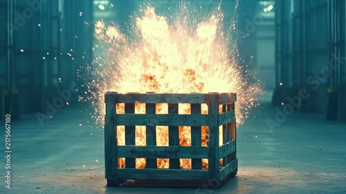 Burning wooden crate on fire.