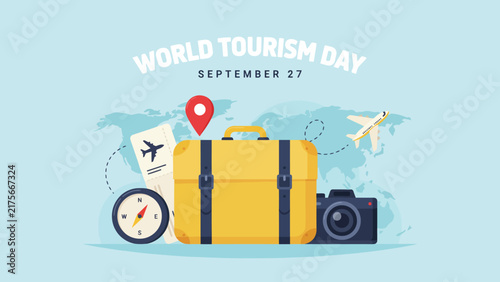 World tourism day vector illustration featuring yellow luggage and travel accessories on a blue background