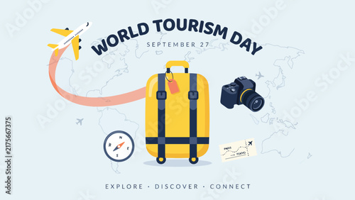 World tourism day vector illustration featuring yellow luggage camera airplane compass and travel ticket elements design