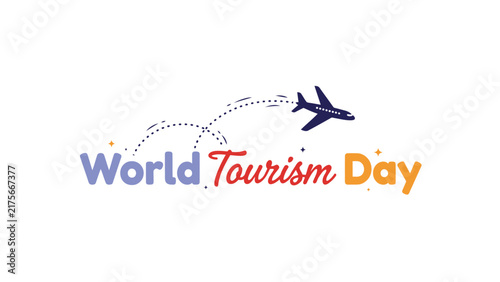 Colorful world tourism day vector illustration featuring a stylized flying airplane design on white background