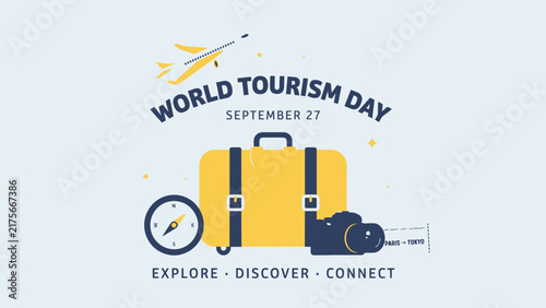 World tourism day vector illustration featuring yellow luggage suitcase with an airplane and navigational compass icon