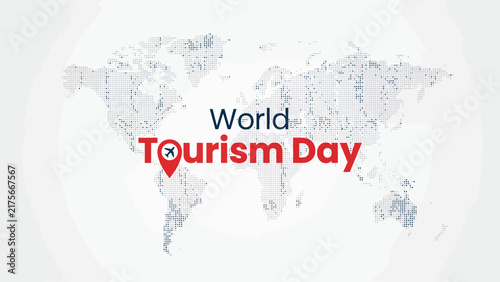 World tourism day digital vector graphic featuring dotted world map with red plane location pin
