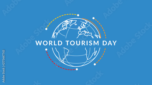 World tourism day vector illustration featuring a stylized globe with dotted orbital lines on blue background