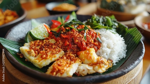 Delicious Indonesian food on plate.