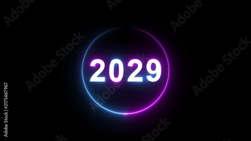 2029 neon glowing text animation with circular light frame for new year countdown and futuristic digital technology presentations