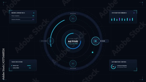 Futuristic digital user interface with circular graphs and data analysis displays