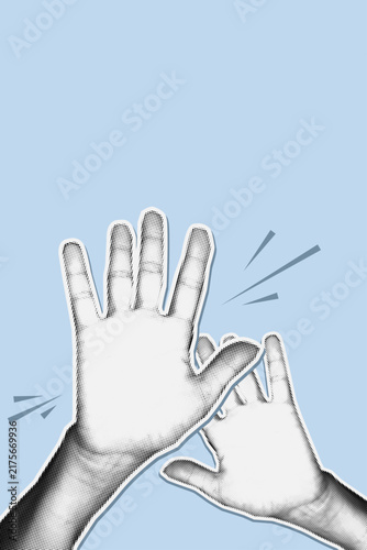 Stop hand gesture collage on blue background. Halftone human hands showing no, refusal, warning in retro pop art vintage photocopy style for protest, communication, social message