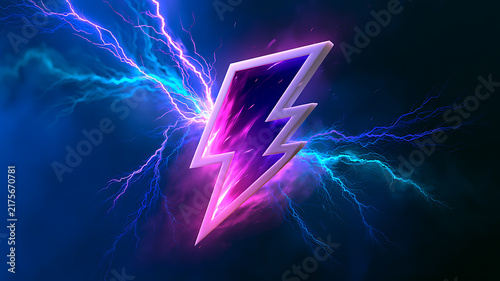 Neon glowing lightning bolt icon with electric blue and purple thunderbolt energy flashes on futuristic dark background