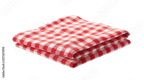 Folded red and white checkered picnic blanket isolated on transparent background