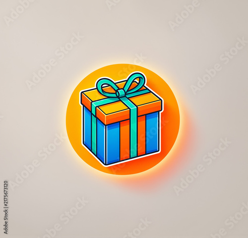 vibrant blue and orange square gift box illustration wrapped with a cyan ribbon and tied bow placed inside a bright yellow glowing circle