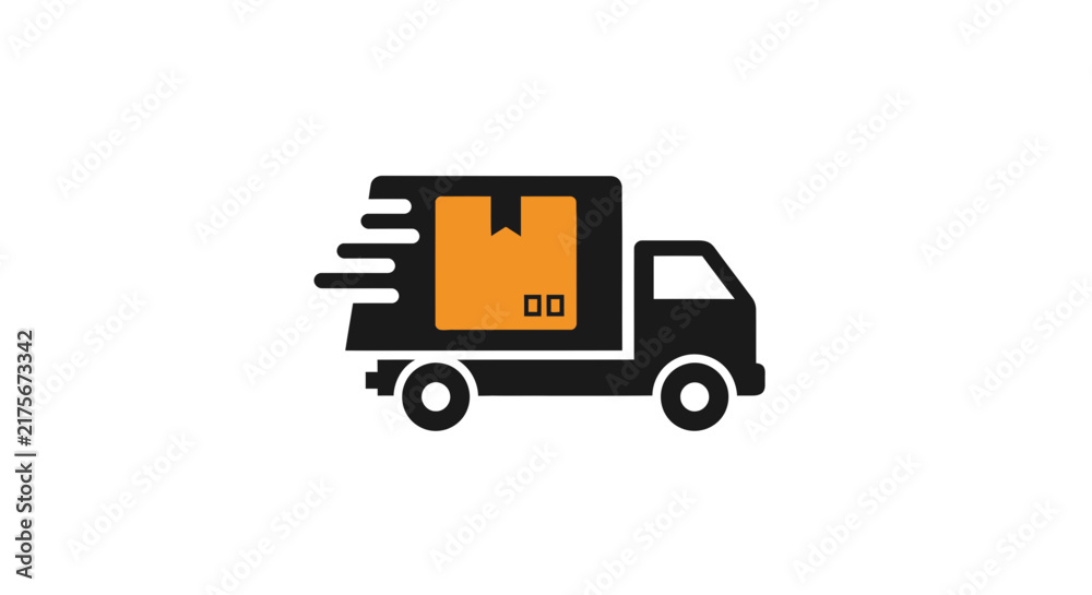 Fototapeta premium Logistics van icon with orange shipping package.