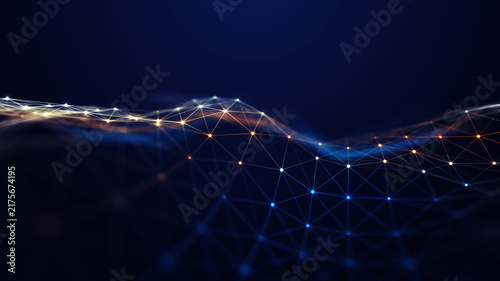 Abstract digital network wave with glowing nodes and connected lines flowing across a dark blue background, representing big data, communication, connectivity, technology and digital transformation.