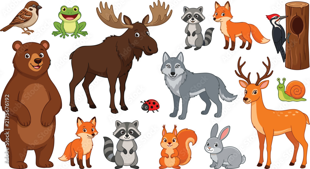 Obraz premium Cute cartoon forest animals vector illustration set featuring friendly woodland characters bear moose wolf deer fox raccoon and squirrel isolated on white