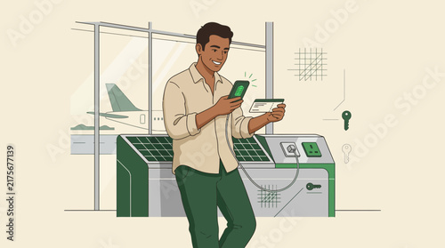 Man with smartphone, credit card at solar charging station, airport background