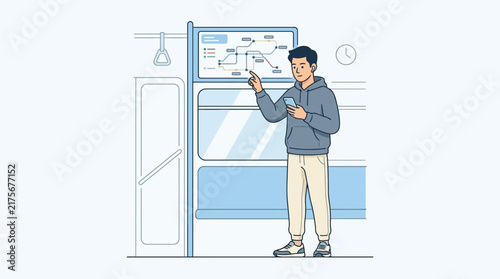 Man With Smartphone Studying Subway Map On Train