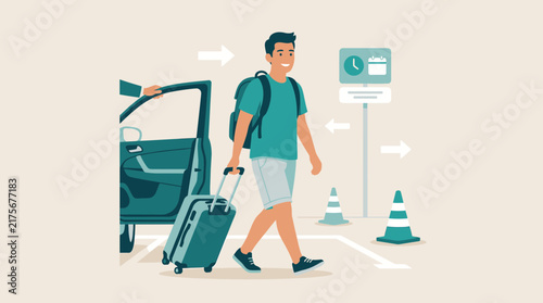 Man with suitcase and backpack walking from car, ready for travel
