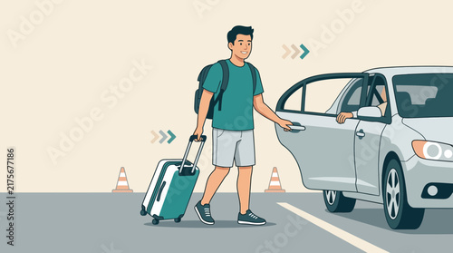 Man with Suitcase and Backpack Arriving at Car for Travel