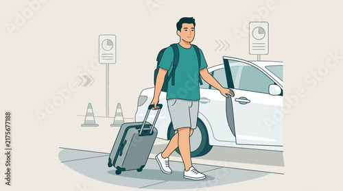 Man with Suitcase and Backpack Walking to Car