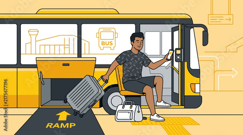 Man with luggage boarding bus with ramp, airport transfer concept