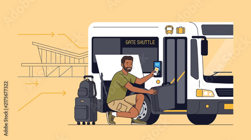 Man with luggage boarding shuttle bus at airport gate, transparent background