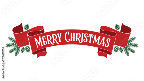 Merry Christmas greeting card template featuring vintage ribbon banner and pinecones.