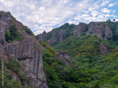 Steep rock cliffs and forested valley in Kankakei Gorge on Shodoshima, Japan