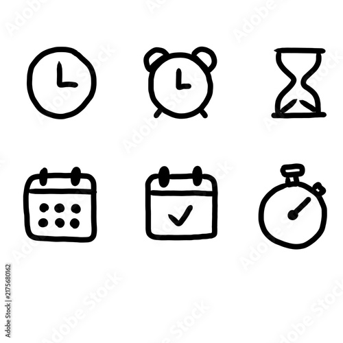 Time Management and Scheduling Hand Drawn Doodle Icons. Hand drawn doodle icon set featuring clocks, alarm clock, hourglass, calendar, scheduled event and stopwatch symbols. Simple black line illustra