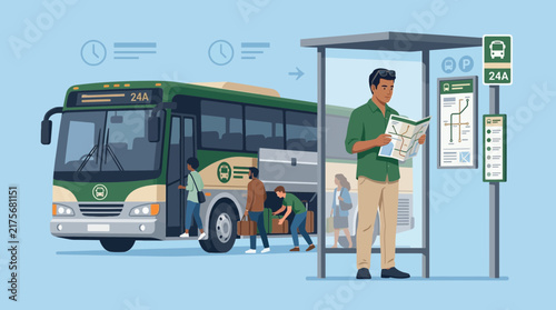 Man reading map at bus stop, waiting for public transport with bus.