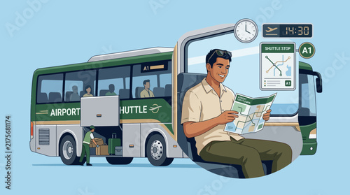 Man reading map in airport shuttle bus, travel planning, easy transport