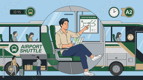 Man reading map on airport shuttle bus, travel concept