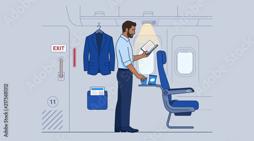 Man reading on airplane, suit on hanger, isolated, travel concept