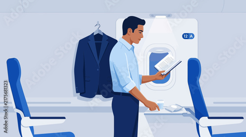 Man reading on airplane, suit hanging, travel lifestyle, business class