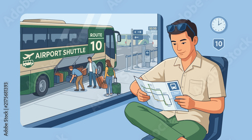 Man Reads Map Waiting for Airport Shuttle Bus at Station