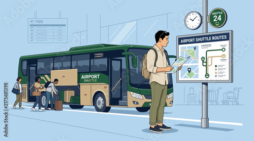 Man reads airport shuttle map near bus, people load luggage, travel concept