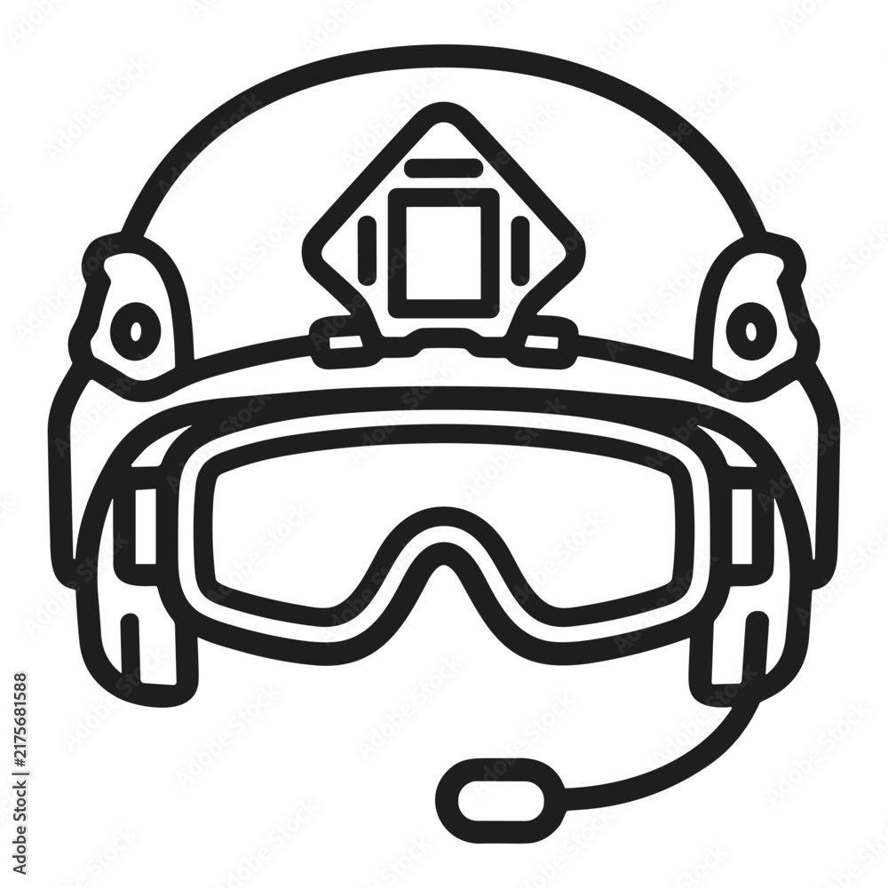 Obraz premium Tactical helmet with goggles and microphone vector line icon
