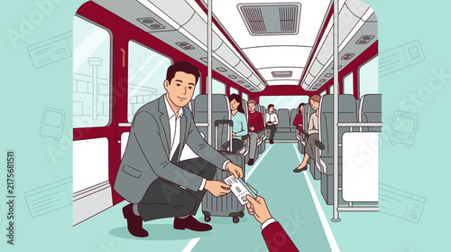 Man showing ticket on bus, travel concept, isolated on transparent background