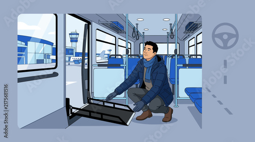 Man setting up wheelchair ramp on bus at airport for accessible travel.