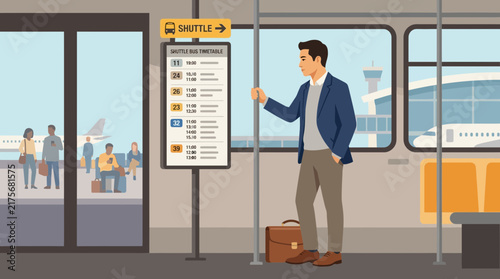 Man Standing In Airport Shuttle With Luggage And Schedule